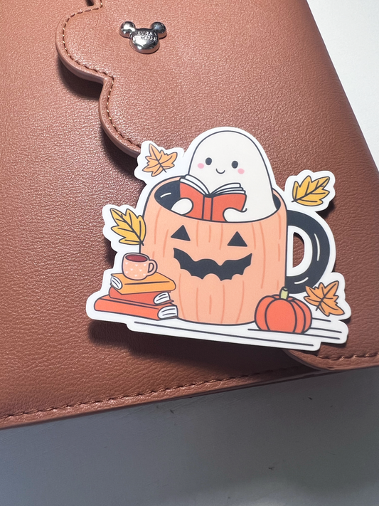 Fall Ghost Read Coffee Mug Die Cut Sticker (b 019)