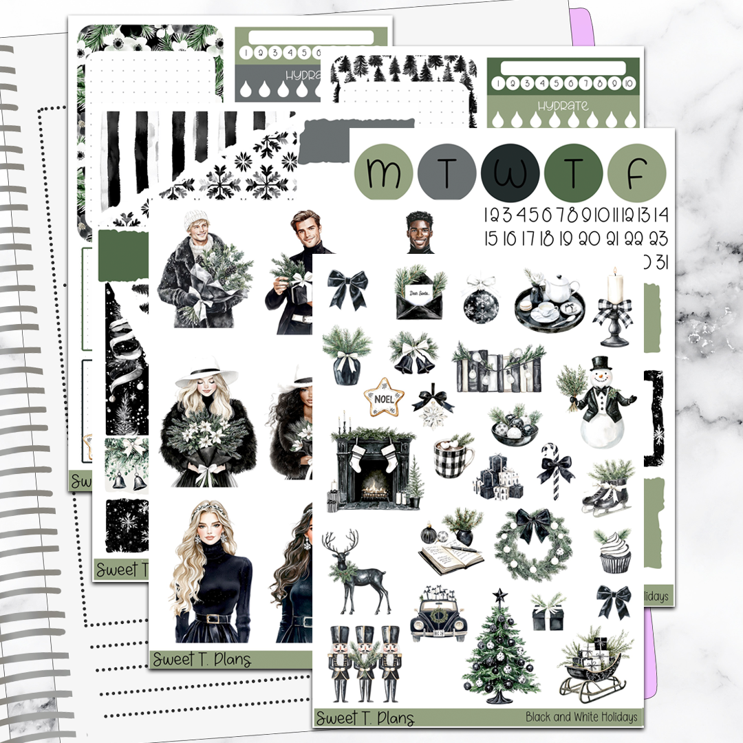 Black and White Holiday Christmas Winter Bundle or Single Sheets Weekly Ultimate Journaling Kit