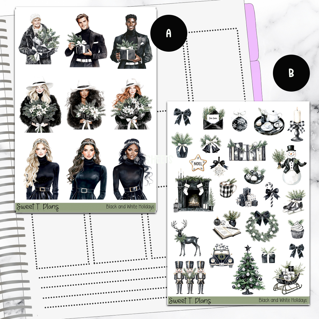 Black and White Holiday Christmas Winter Bundle or Single Sheets Weekly Ultimate Journaling Kit