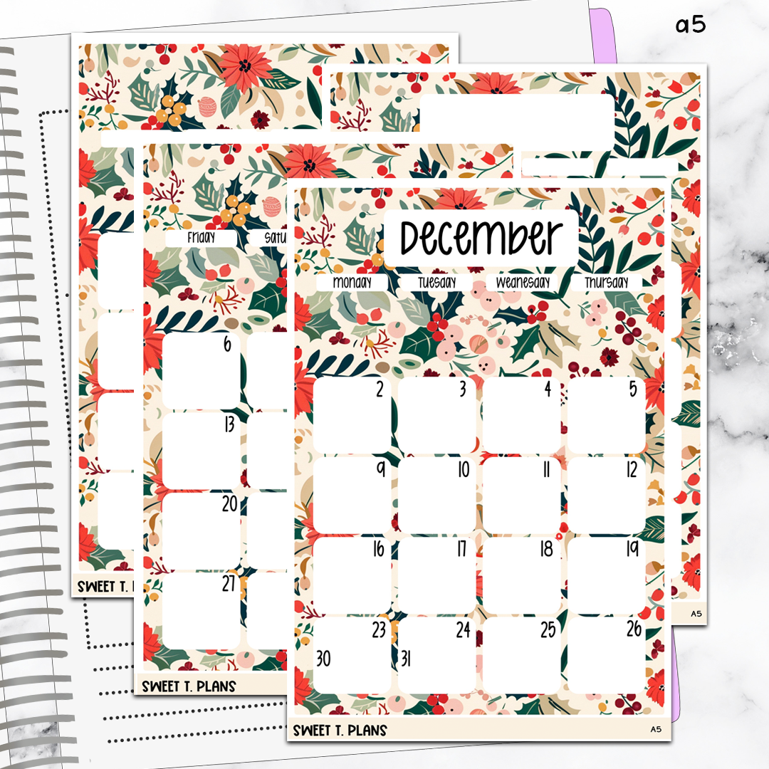 December Floral Monthly Jumbo Sticker Full Sheet A5w A5 B6 Hobonichi Cousin