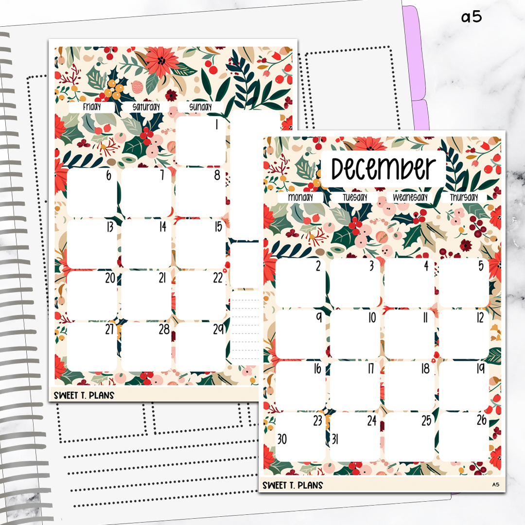 December Floral Monthly Jumbo Sticker Full Sheet A5w A5 B6 Hobonichi Cousin