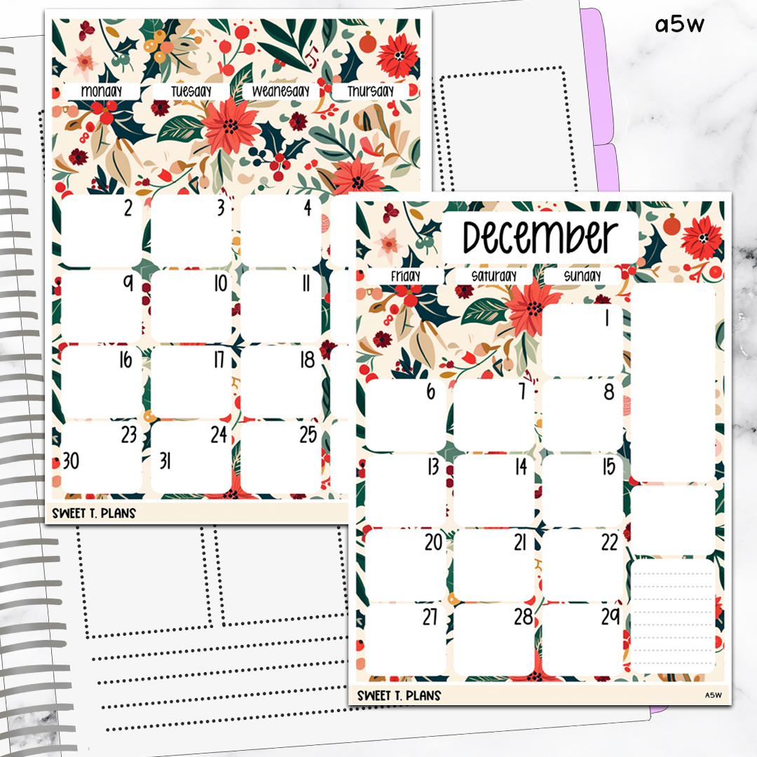 December Floral Monthly Jumbo Sticker Full Sheet A5w A5 B6 Hobonichi Cousin