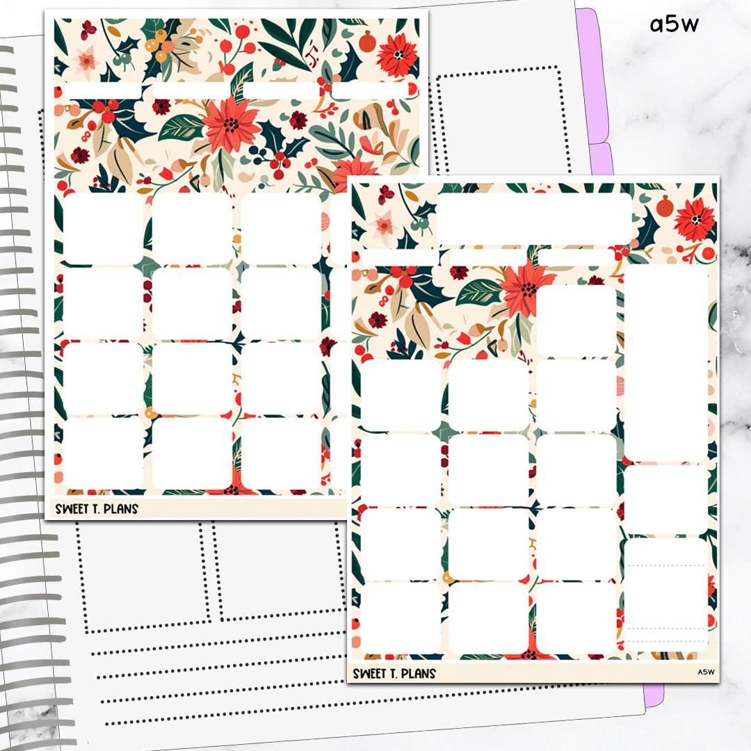 December Floral Monthly Jumbo Sticker Full Sheet A5w A5 B6 Hobonichi Cousin