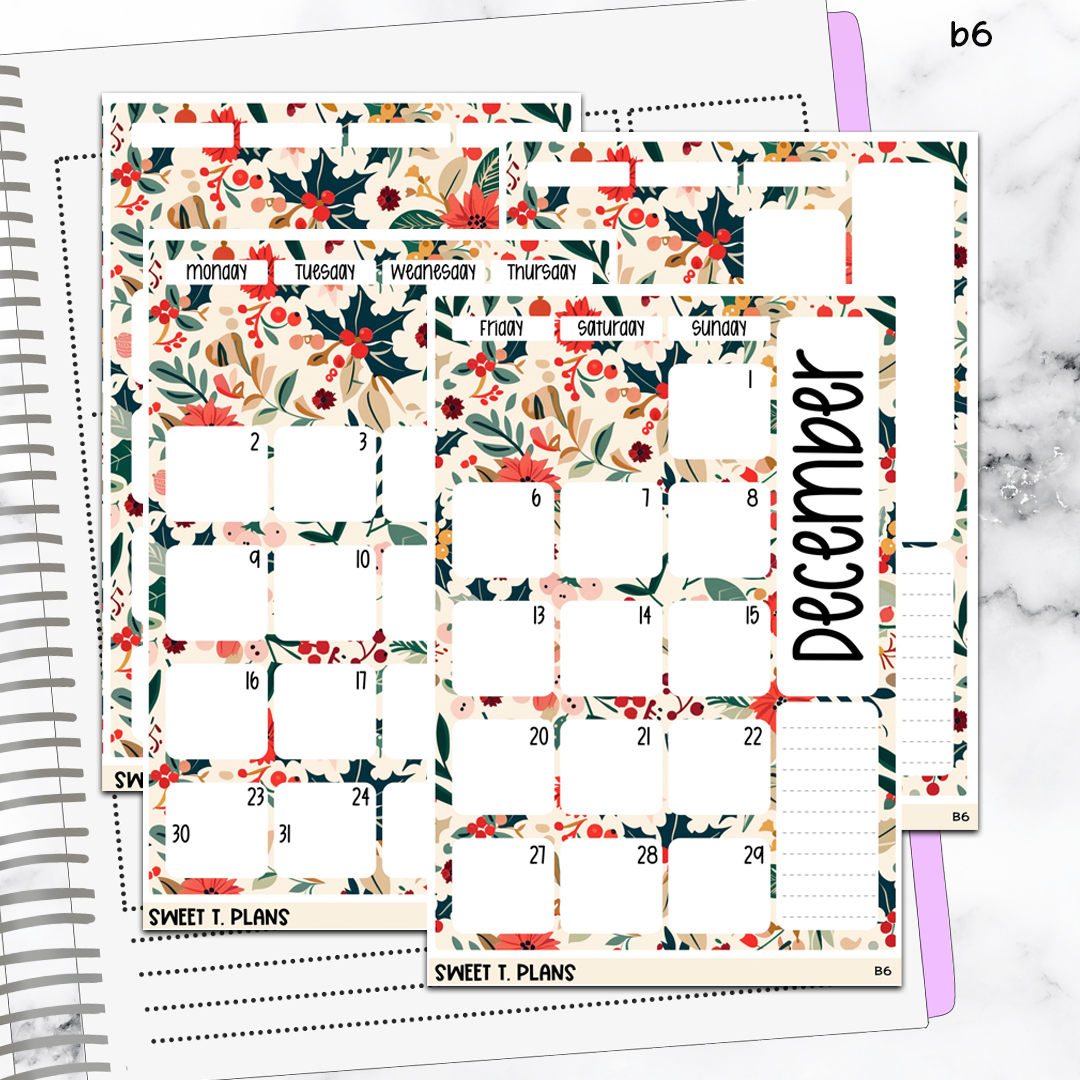 December Floral Monthly Jumbo Sticker Full Sheet A5w A5 B6 Hobonichi Cousin