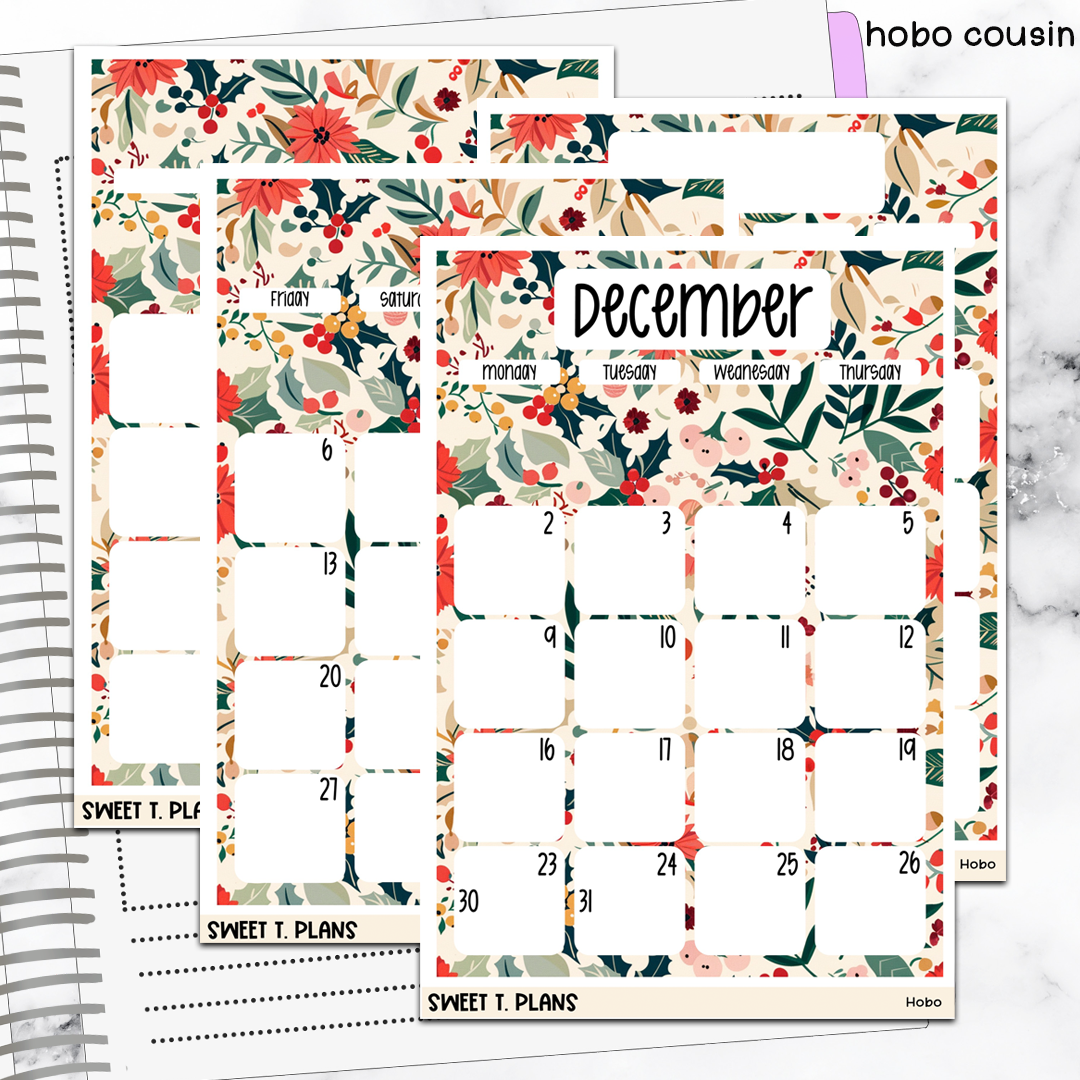 December Floral Monthly Jumbo Sticker Full Sheet A5w A5 B6 Hobonichi Cousin