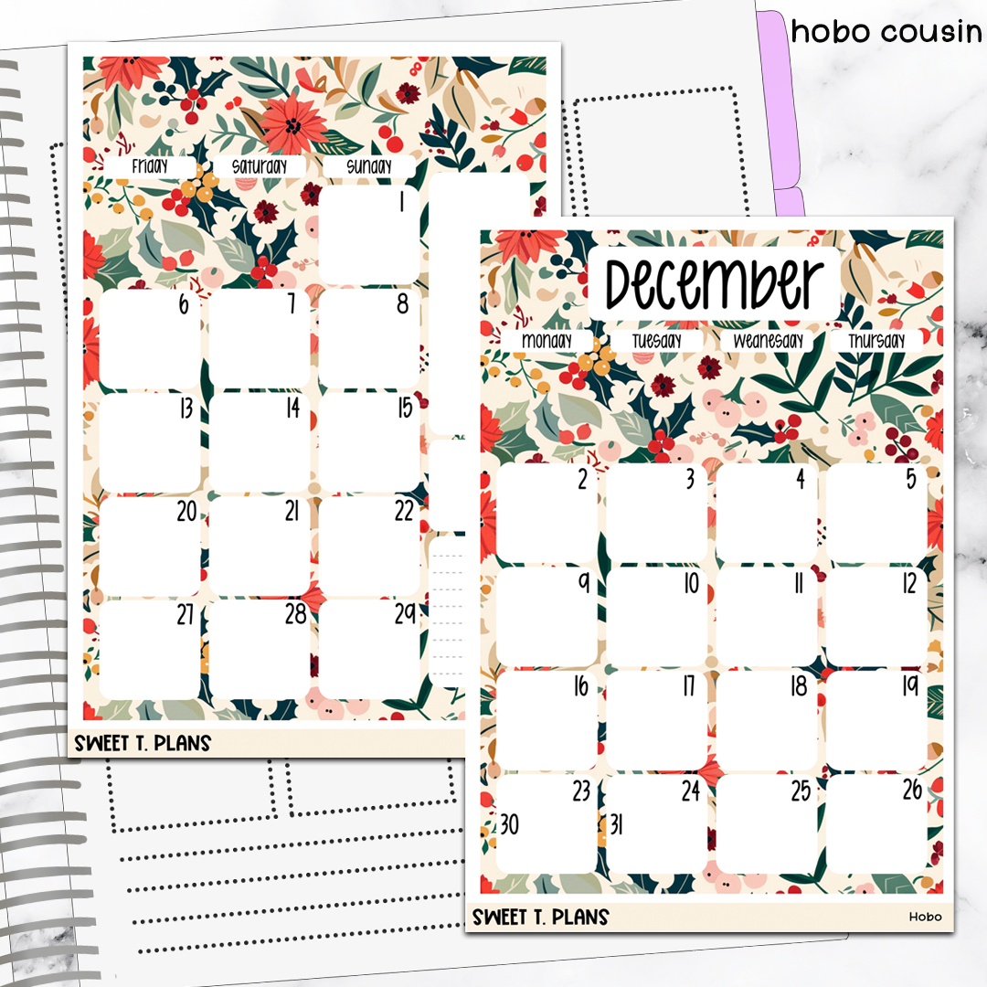 December Floral Monthly Jumbo Sticker Full Sheet A5w A5 B6 Hobonichi Cousin