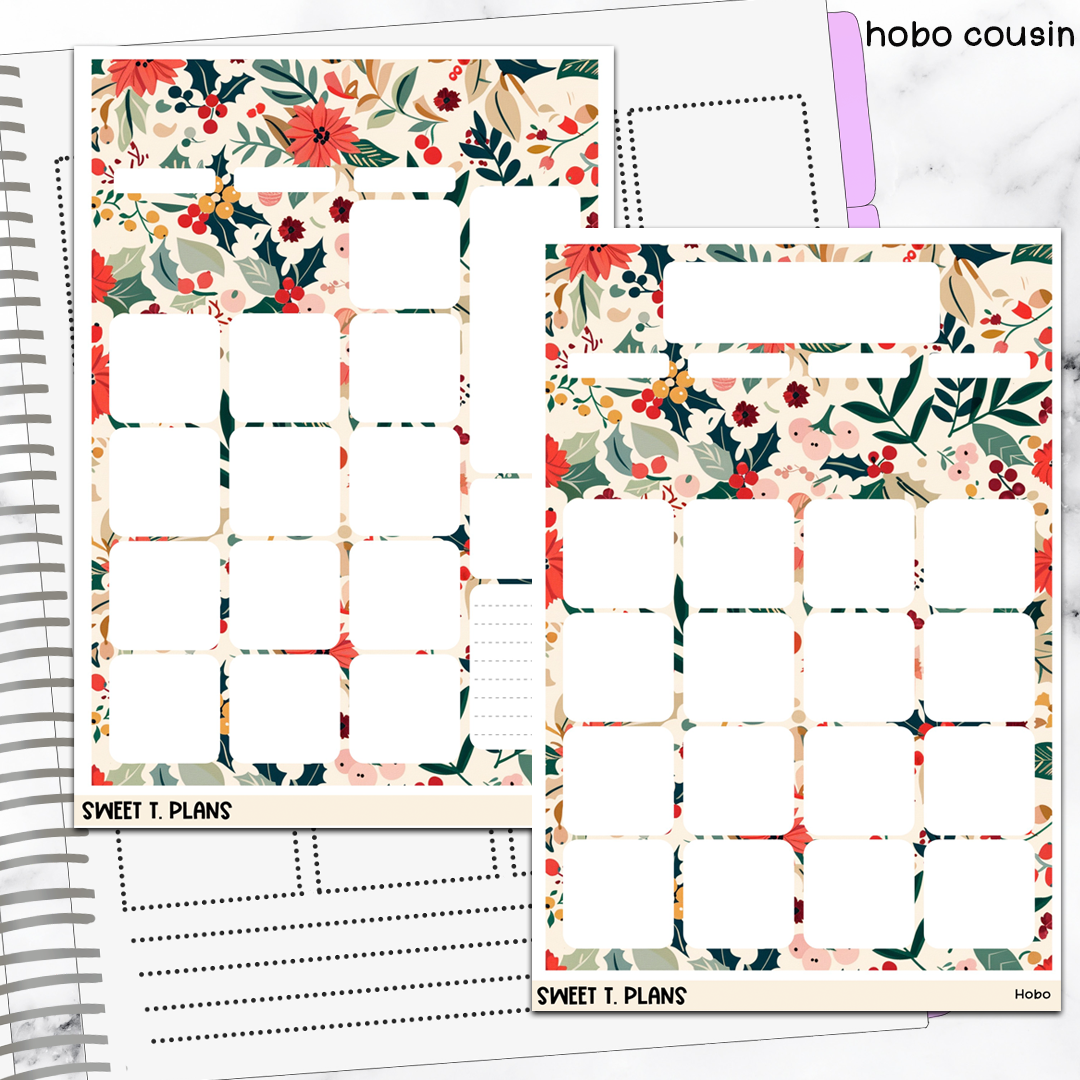 December Floral Monthly Jumbo Sticker Full Sheet A5w A5 B6 Hobonichi Cousin