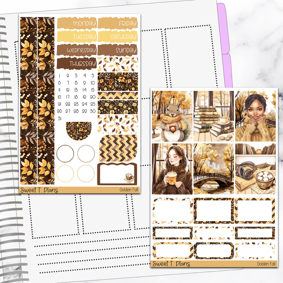 Golden Fall Autumn Harvest Vertical Mini/B6 Print Pression Weekly Sticker Kit