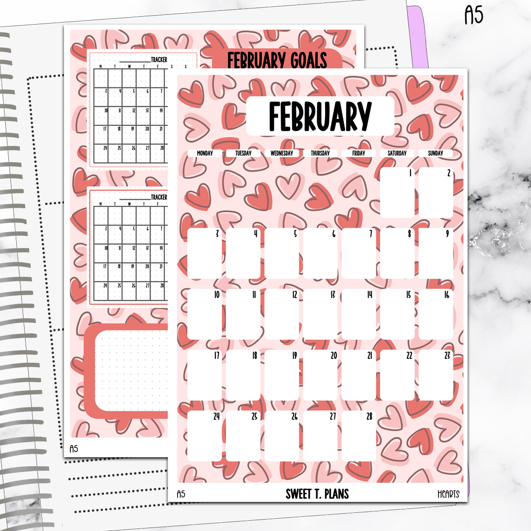 February  Monthly Hearts Jumbo Sticker A5w A5 B6 Hobonichi Cousin