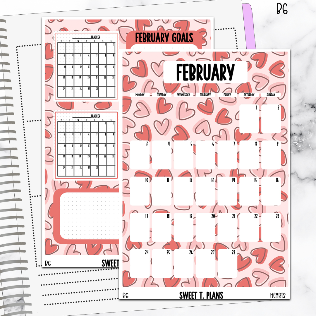 February  Monthly Hearts Jumbo Sticker A5w A5 B6 Hobonichi Cousin