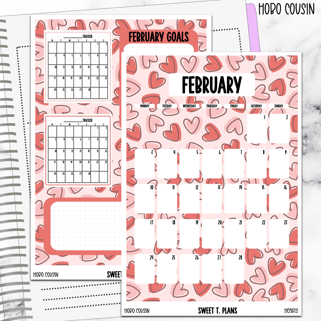 February  Monthly Hearts Jumbo Sticker A5w A5 B6 Hobonichi Cousin