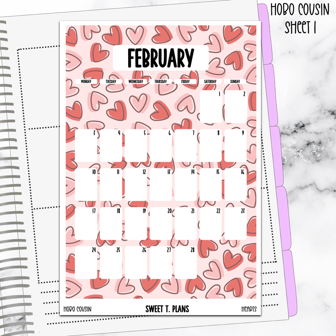 February  Monthly Hearts Jumbo Sticker A5w A5 B6 Hobonichi Cousin