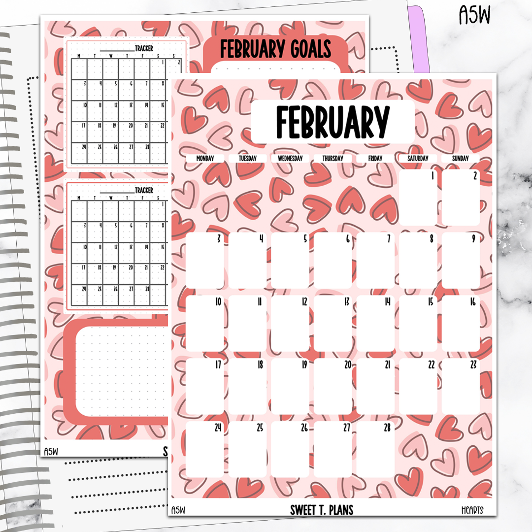 February  Monthly Hearts Jumbo Sticker A5w A5 B6 Hobonichi Cousin