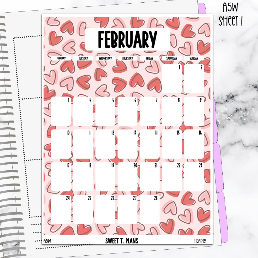 February  Monthly Hearts Jumbo Sticker A5w A5 B6 Hobonichi Cousin