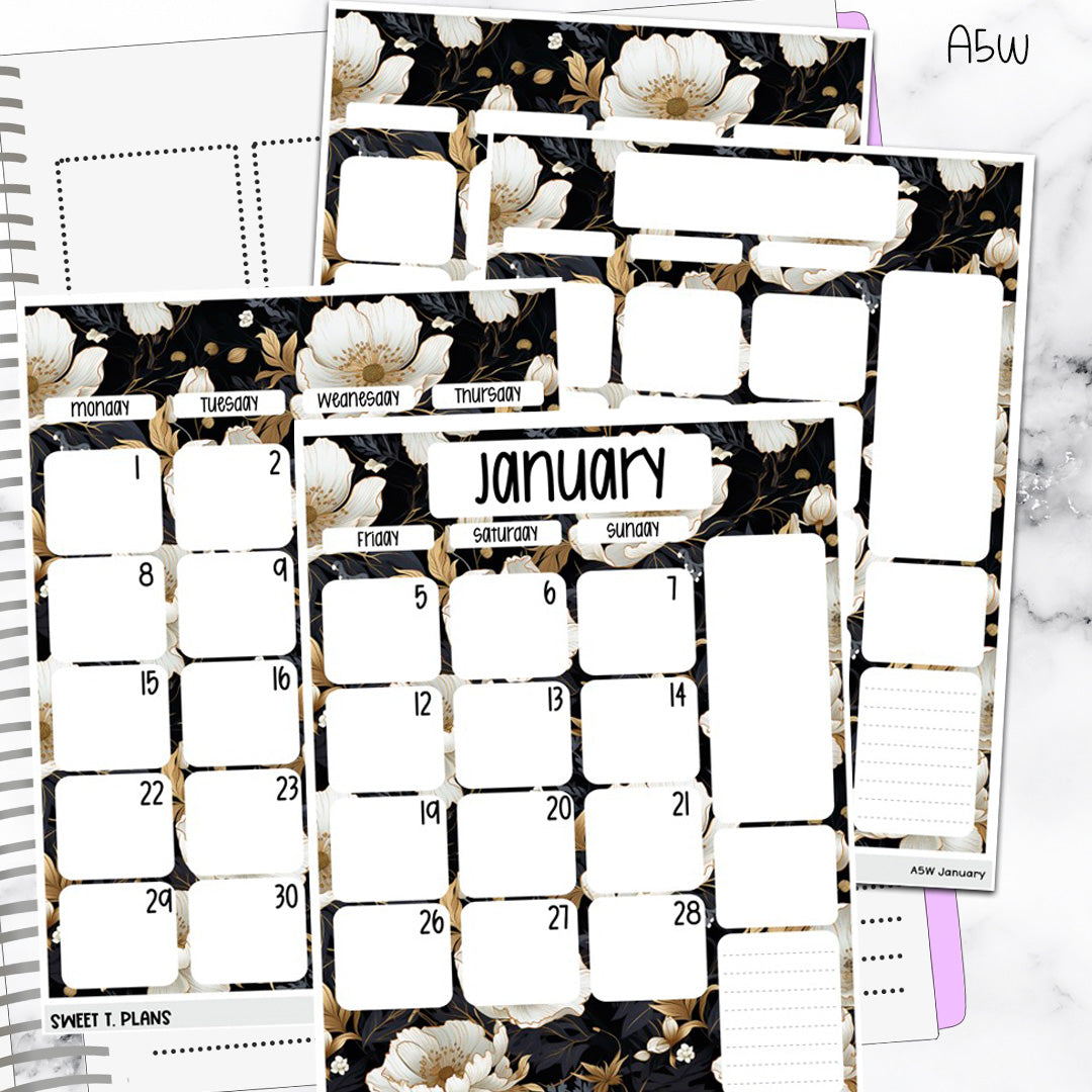 January Floral Monthly Jumbo Sticker Full Sheet A5w B6 Hobonichi Cousin