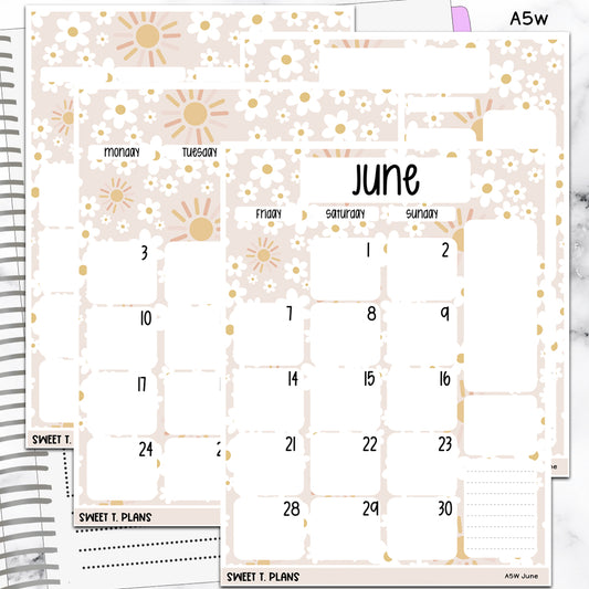 June Summer Sun and Daisies Monthly Jumbo Sticker Full Sheet A5w A5 B6 Hobonichi Cousin
