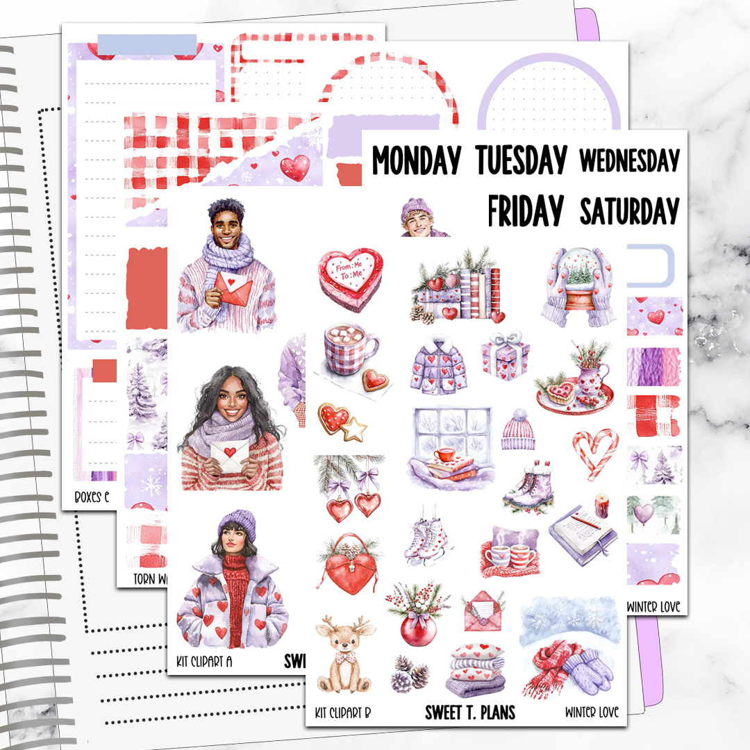 Winter Love Valentines Bundle or Single Sheets Weekly Ultimate Journaling Kit