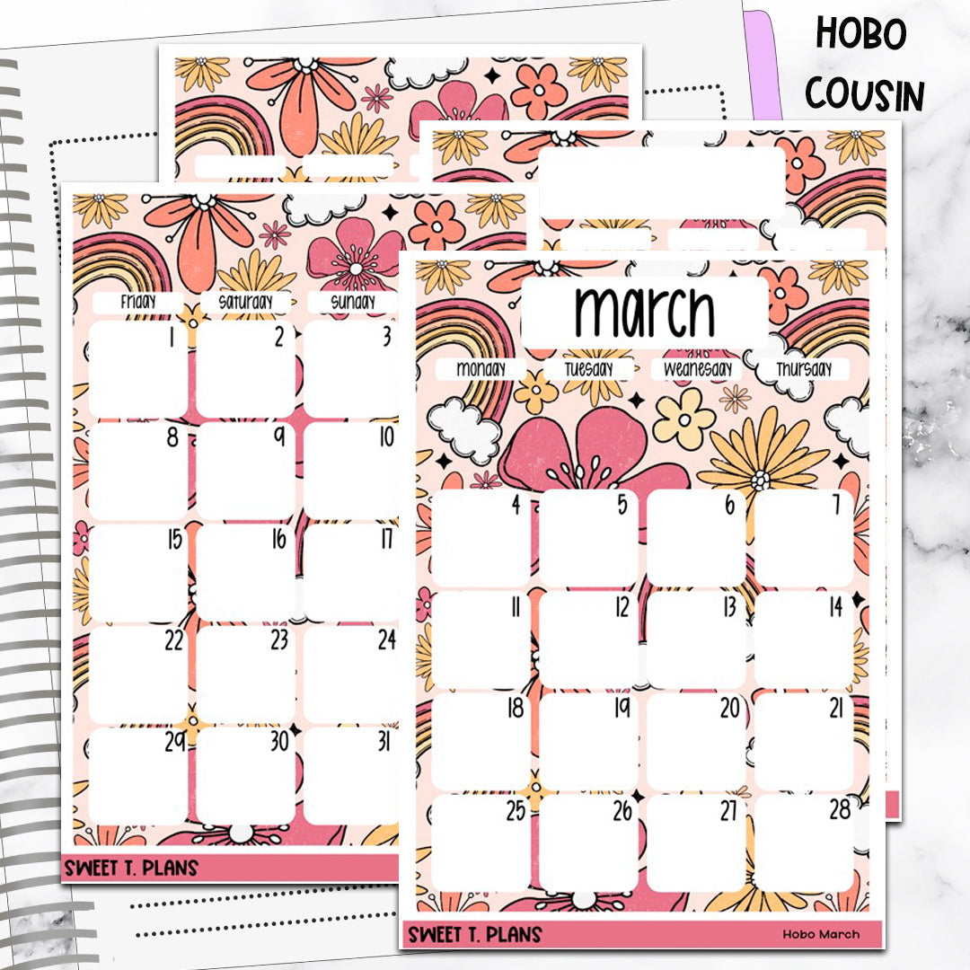 March Floral Monthly Jumbo Sticker Full Sheet A5w B6 Hobonichi Cousin
