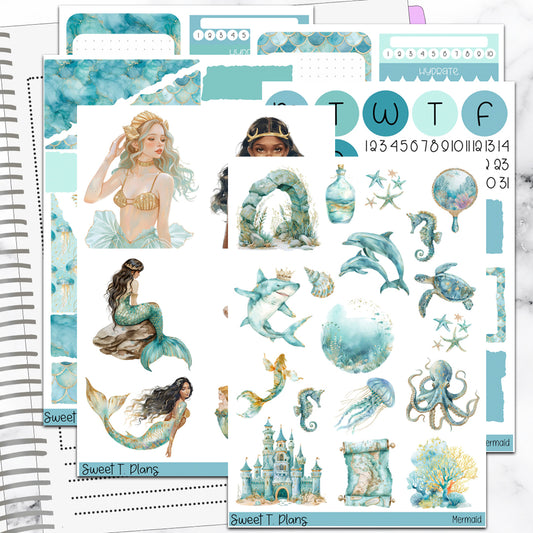 Mermaid Under the Sea Ocean Summer Bundle or Single Sheets Weekly Ultimate Journaling Kit
