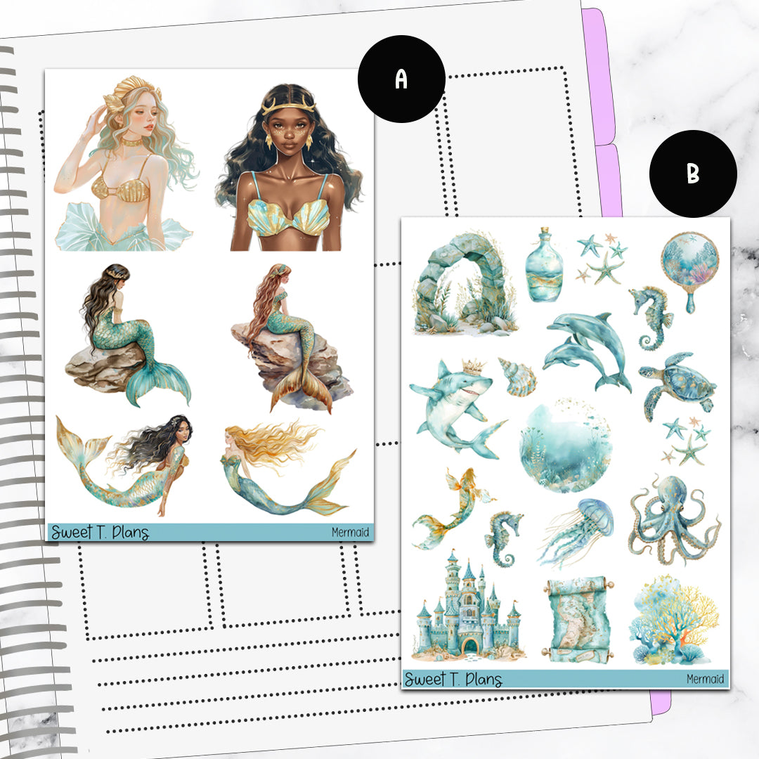 Mermaid Under the Sea Ocean Summer Bundle or Single Sheets Weekly Ultimate Journaling Kit