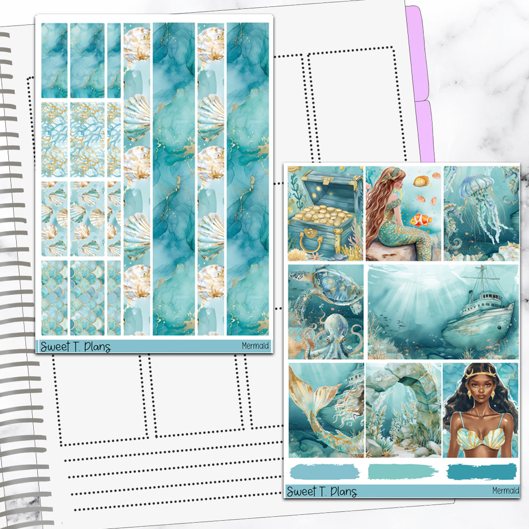 Mermaid Under the Sea Ocean Summer Weekly Sticker Kit Universal Vertical Planners