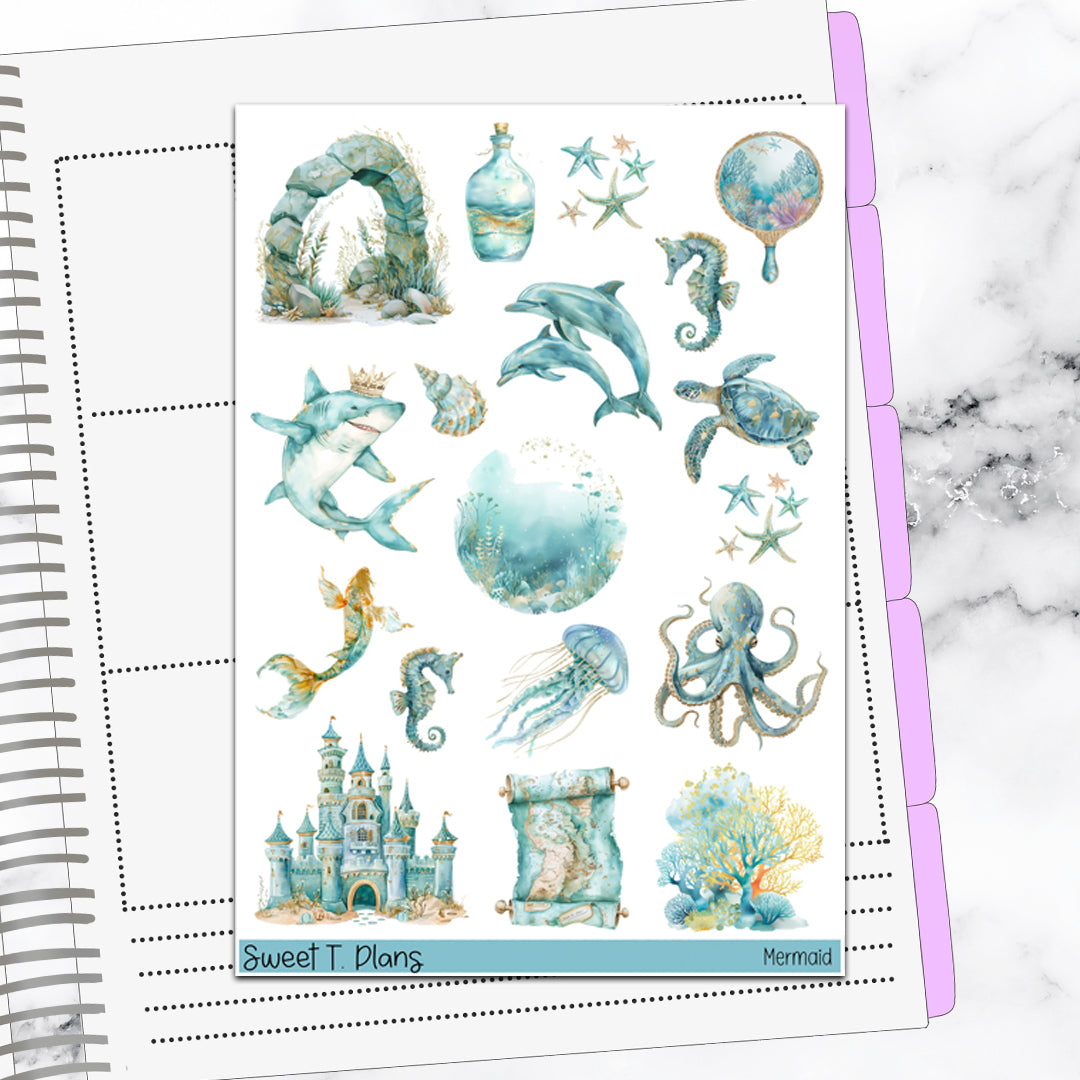 Mermaid Under the Sea Ocean Summer Weekly Sticker Kit Universal Vertical Planners