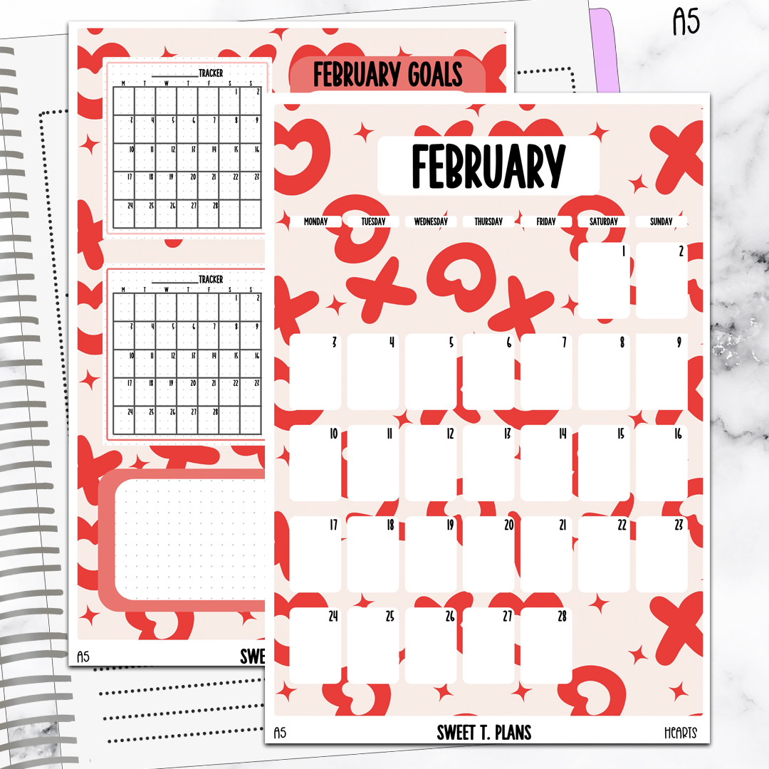 February  Monthly Xoxo Jumbo Sticker A5w A5 B6 Hobonichi Cousin