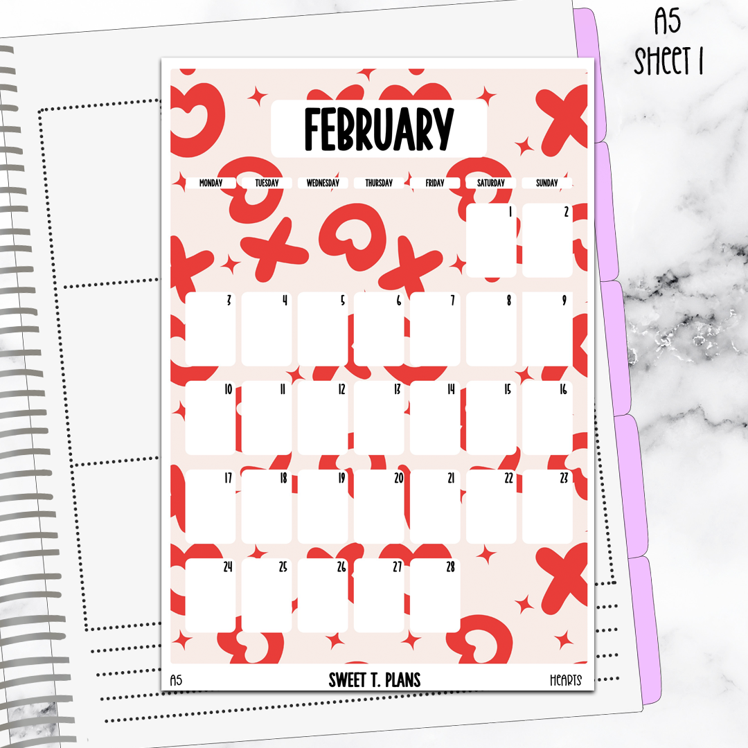 February  Monthly Xoxo Jumbo Sticker A5w A5 B6 Hobonichi Cousin