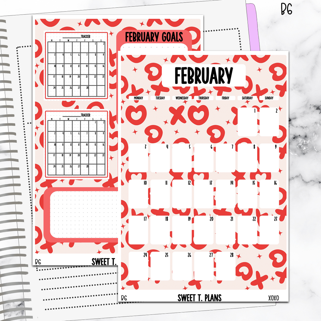 February  Monthly Xoxo Jumbo Sticker A5w A5 B6 Hobonichi Cousin