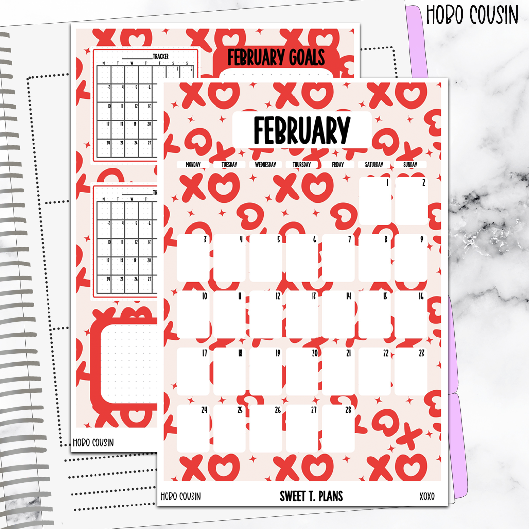 February  Monthly Xoxo Jumbo Sticker A5w A5 B6 Hobonichi Cousin