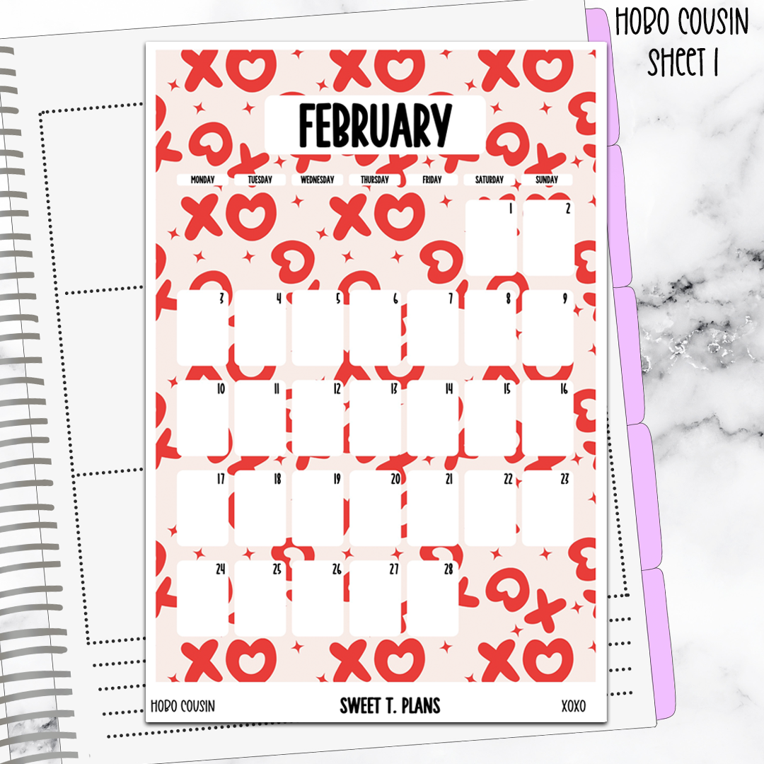 February  Monthly Xoxo Jumbo Sticker A5w A5 B6 Hobonichi Cousin