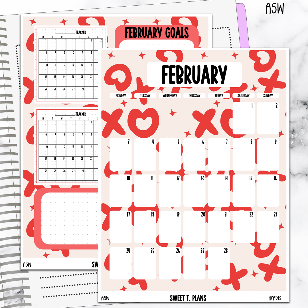 February  Monthly Xoxo Jumbo Sticker A5w A5 B6 Hobonichi Cousin