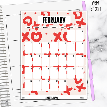 February  Monthly Xoxo Jumbo Sticker A5w A5 B6 Hobonichi Cousin