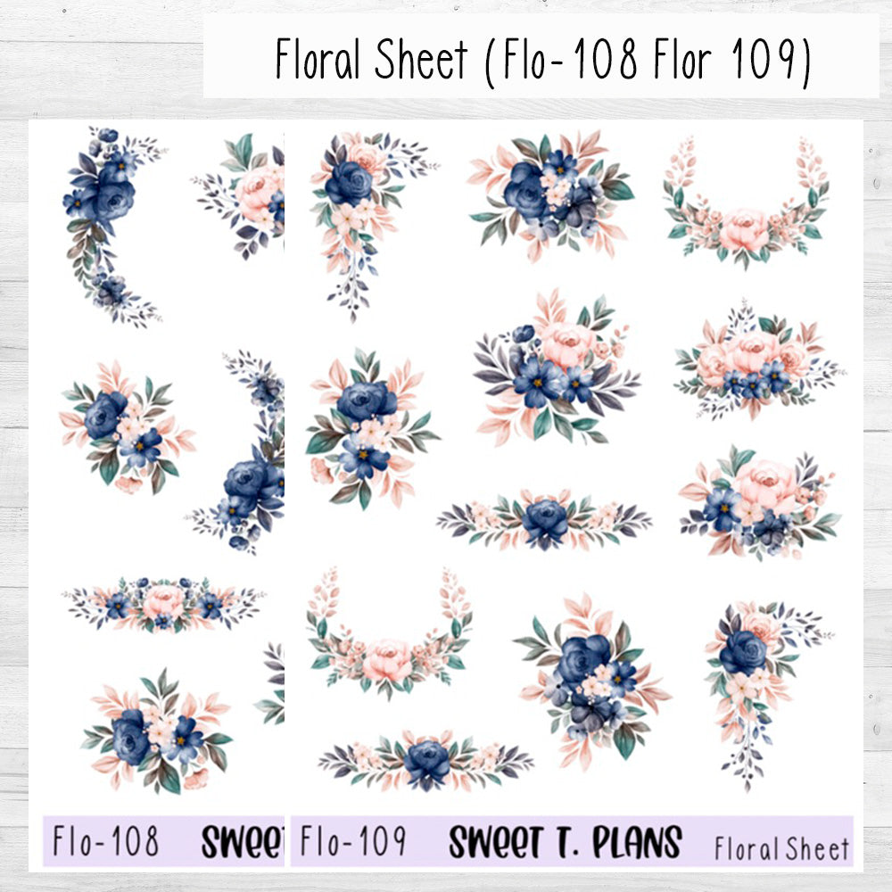 Floral Sheet Navy Pink Planner Sticker Sheet (Flo 108 Flo 109)