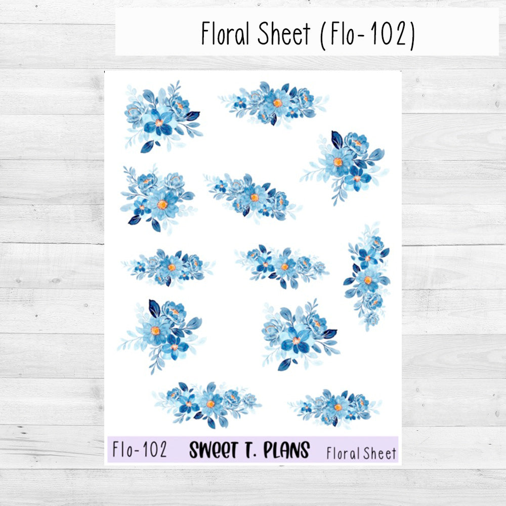 Floral Sheet Blue  Planner Sticker Sheet (Flo 102)