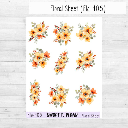 Floral Sheet Yellow Orange Planner Sticker Sheet (Flo 105)