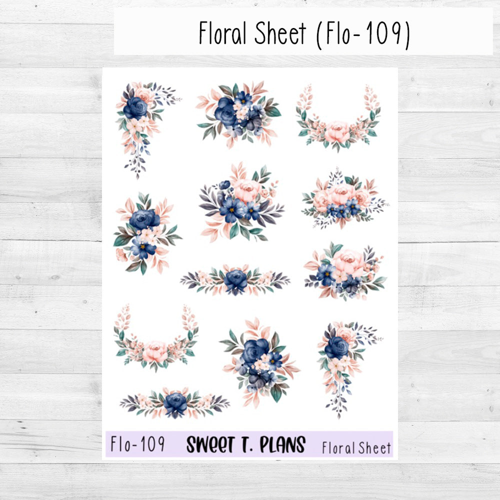 Floral Sheet Navy Pink Planner Sticker Sheet (Flo 108 Flo 109)
