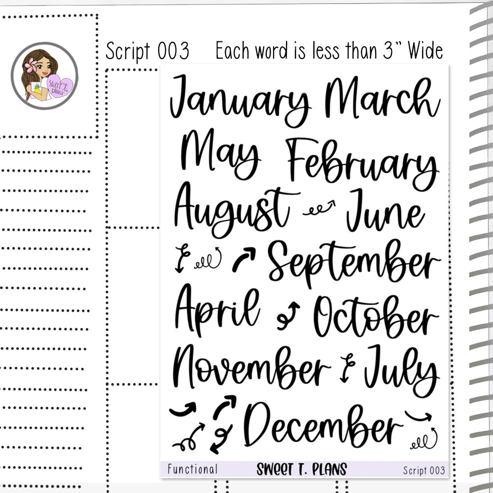 Months Script Planner Sticker Sheet